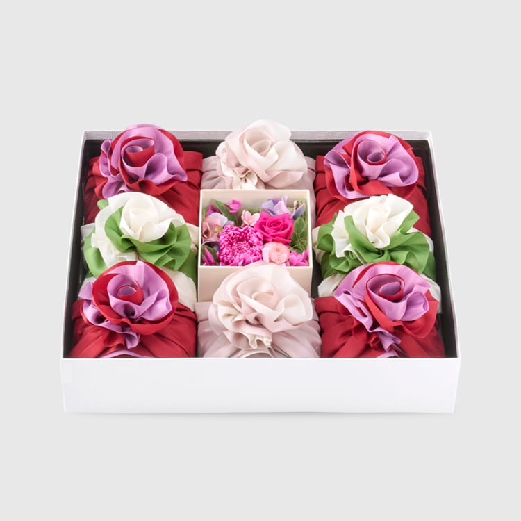 日比谷花壇BOXアレンジ　花箱「ルビー」(お米2合×8個・フラワーボックス)料理米ギフト